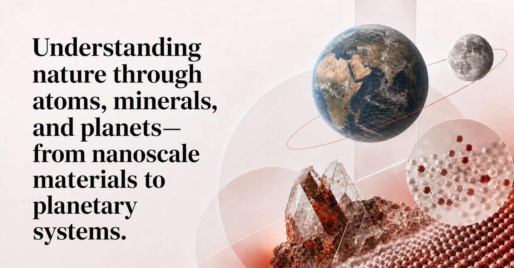 Research illustration connecting the Earth–Moon system, geological materials, crystals, molecular structure, and nanoscale evidence.